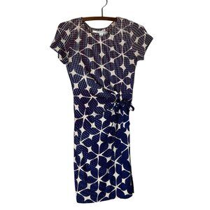 Diane Von Furstenberg Blue Rust Geometric Faux Wrap Silk Sheath Dress Size 2
